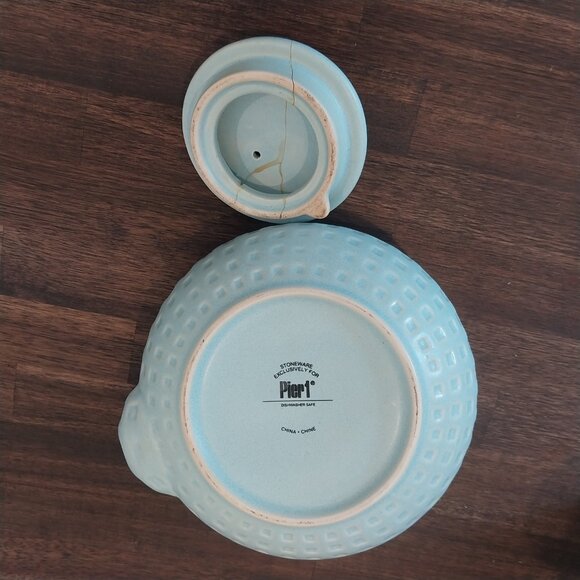 Vintage Teapot & 4 Cups Set Light Blue Rattan Handle By Pier 1 Imports Textured - Picture 4 of 11